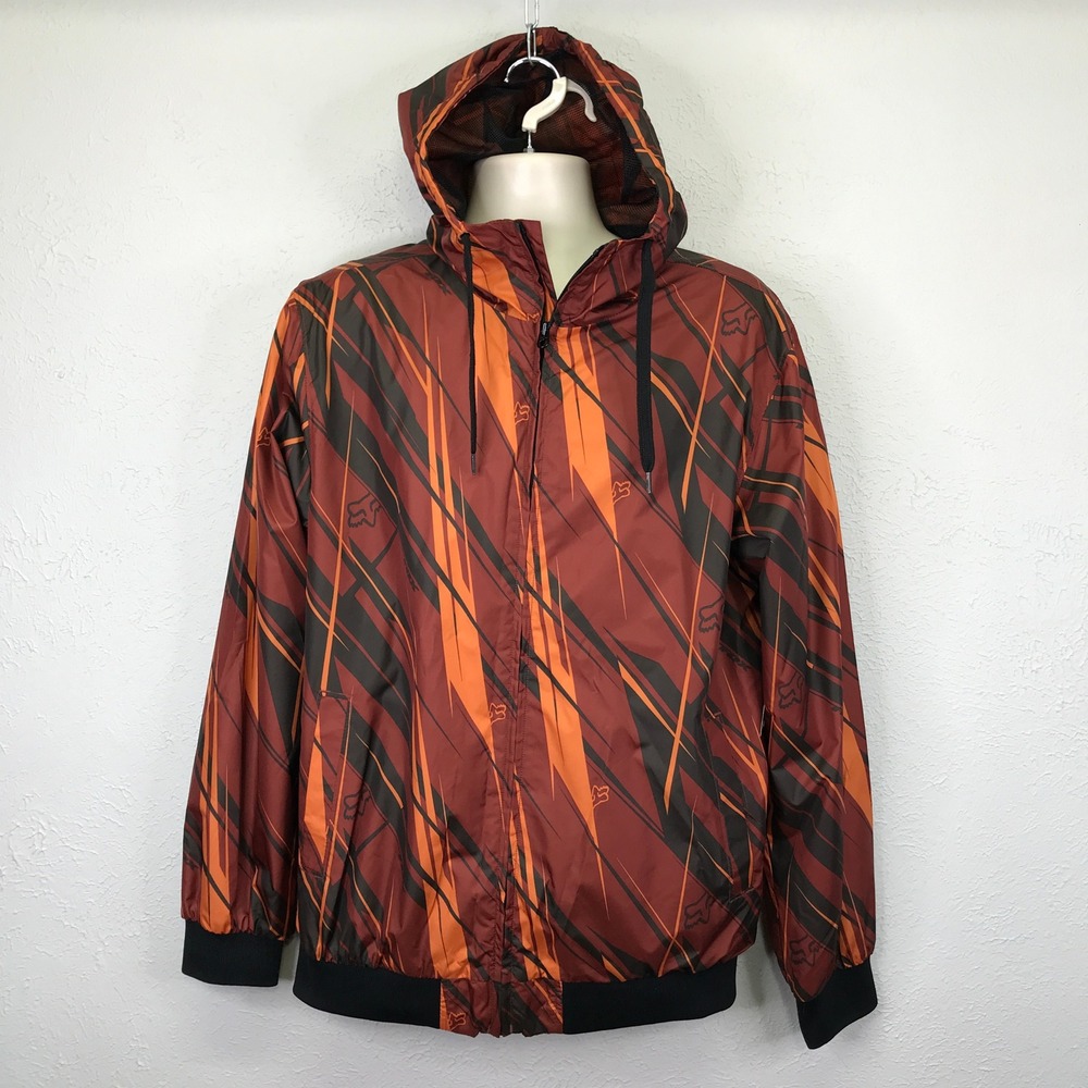 Fox Racing Windbreaker Mens L Orange Slash Print Hooded Full Zip Jacket NWT
